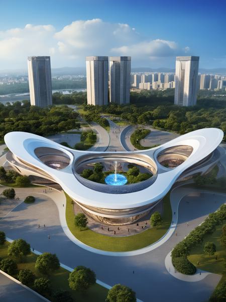 <lora:JJsCurvyArchitecture_XL:1>,((CurvyArchitecture)) , ((best quality)),((masterpiece)),((realistic)), outdoors, cloud, blue sky, no humans, building, scenery, city, cityscape, skyscraper,  center composition, park,  car, tree, dramatic lighting,
