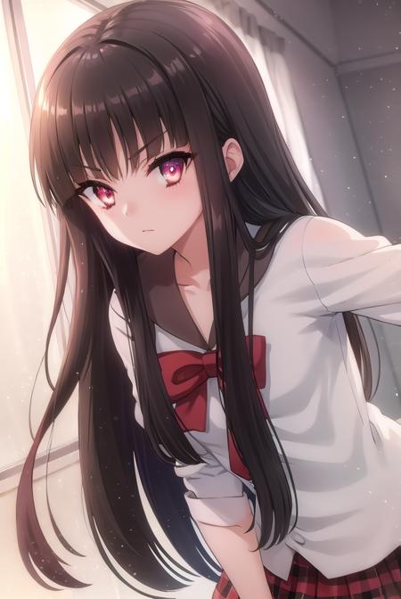 sarasvati, <lora:sarasvati s2-lora-nochekaiser:1>,
sarasvati, long hair, black hair, (red eyes:1.4), blunt bangs, hime cut,
BREAK skirt, bow, school uniform, serafuku, plaid, red bow, brown skirt,
BREAK indoors,
BREAK looking at viewer, (cowboy shot:1.5),
BREAK <lyco:GoodHands-beta2:1>, (masterpiece:1.2), best quality, high resolution, unity 8k wallpaper, (illustration:0.8), (beautiful detailed eyes:1.6), extremely detailed face, perfect lighting, extremely detailed CG, (perfect hands, perfect anatomy),