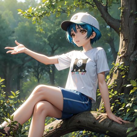 solo, Yoroi Mikoto, brown eyes, blue hair, antenna hair, in a forest, sitting on a tree branch, hat, short sleeved colorful t-shirt, shorts