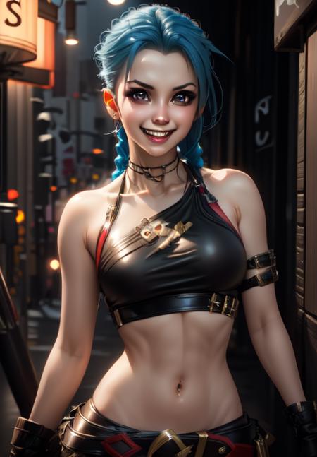 <lora:jinx:0.8>, jinx, grin, upper body, (acclaimed, alluring, captivating, exciting, gorgeous, striking:1.3), charming, (trending on CGSociety, trending on pixiv, contest winner:1.3)