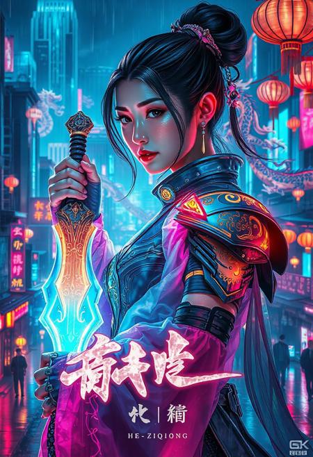 Cinematic cyberpunk poster of a female warrior named He Ziqiong, fusion of futuristic cyber technology and traditional Chinese culture. She wears sleek, high-tech armor with glowing neon circuit patterns and intricate golden Tang dynasty motifs, combined with flowing translucent hanfu fabric that flickers with digital holograms. Her hair is styled in an elegant traditional bun, enhanced with neon-lit metal hairpins and cybernetic implants on her temples. She holds a radiant jade sword with electric sparks crackling along the blade. The background is a sprawling neon-lit cityscape with towering skyscrapers, holographic dragons swirling around, and floating digital lanterns. The color palette is dominated by electric blues, vibrant pinks, and rich gold highlights, with strong contrasts of light and shadow. Dramatic cinematic lighting, rain-soaked streets reflecting neon glows. Chinese calligraphy style title "真武战记" and character name "何子琼" integrated organically into the design with glowing neon strokes. Hyper detailed, ultra realistic, 8k, sharp focus, poster art