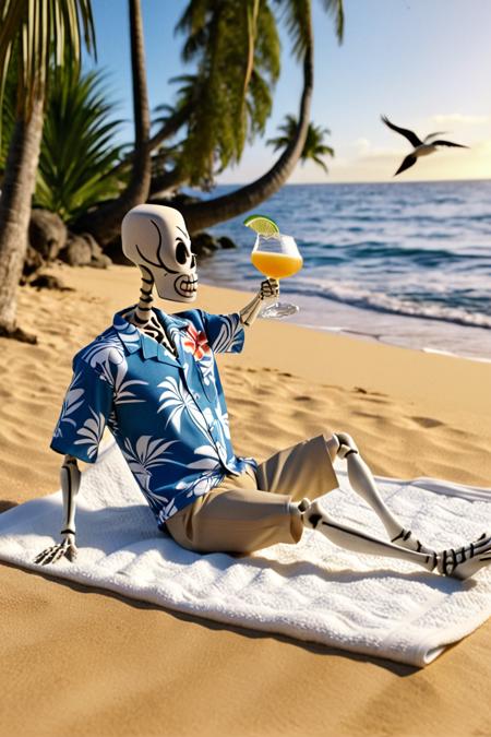 hires digital photo, photorealism, <lora:Manny Calavera:1> high-poly 3D cinematic, slanted view, retro 3D, day, beach, m@nn1, upper body focus, from side, printed blue Hawaiian shirt, beige beach shorts, lying on towel, one hand up, holding tequila, sunny, ocean waves, seagulls, palm trees, sunset, skeletal legs, intricate details, high resolution,