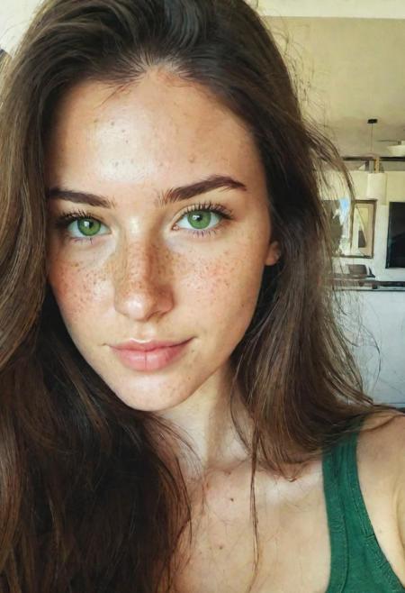 instagram selfie, upper body, a 23 year old gorgeous woman, busty, slight smirk, detailed skin face and eyes, natural lighting, at home, long hair, low contrast, natural face, freckles, brunette hair, green eyes
