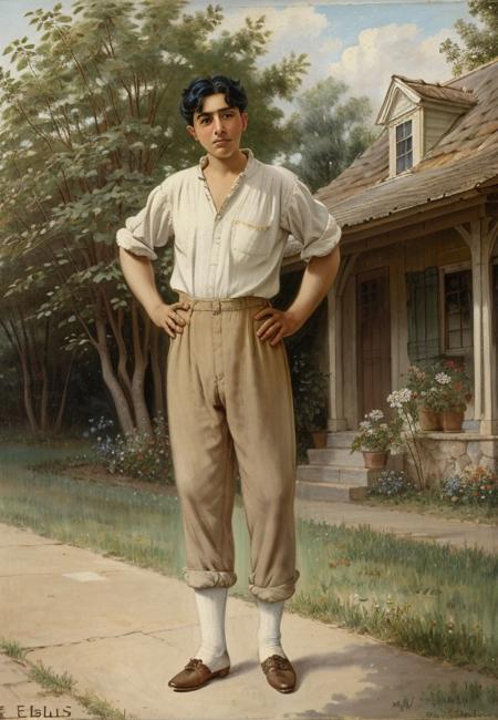 a painting of a standing man by EBls, black hair, short hair, outdoors, house, tree, pants, shoes, shirt, <lora:blaas_resize:1>