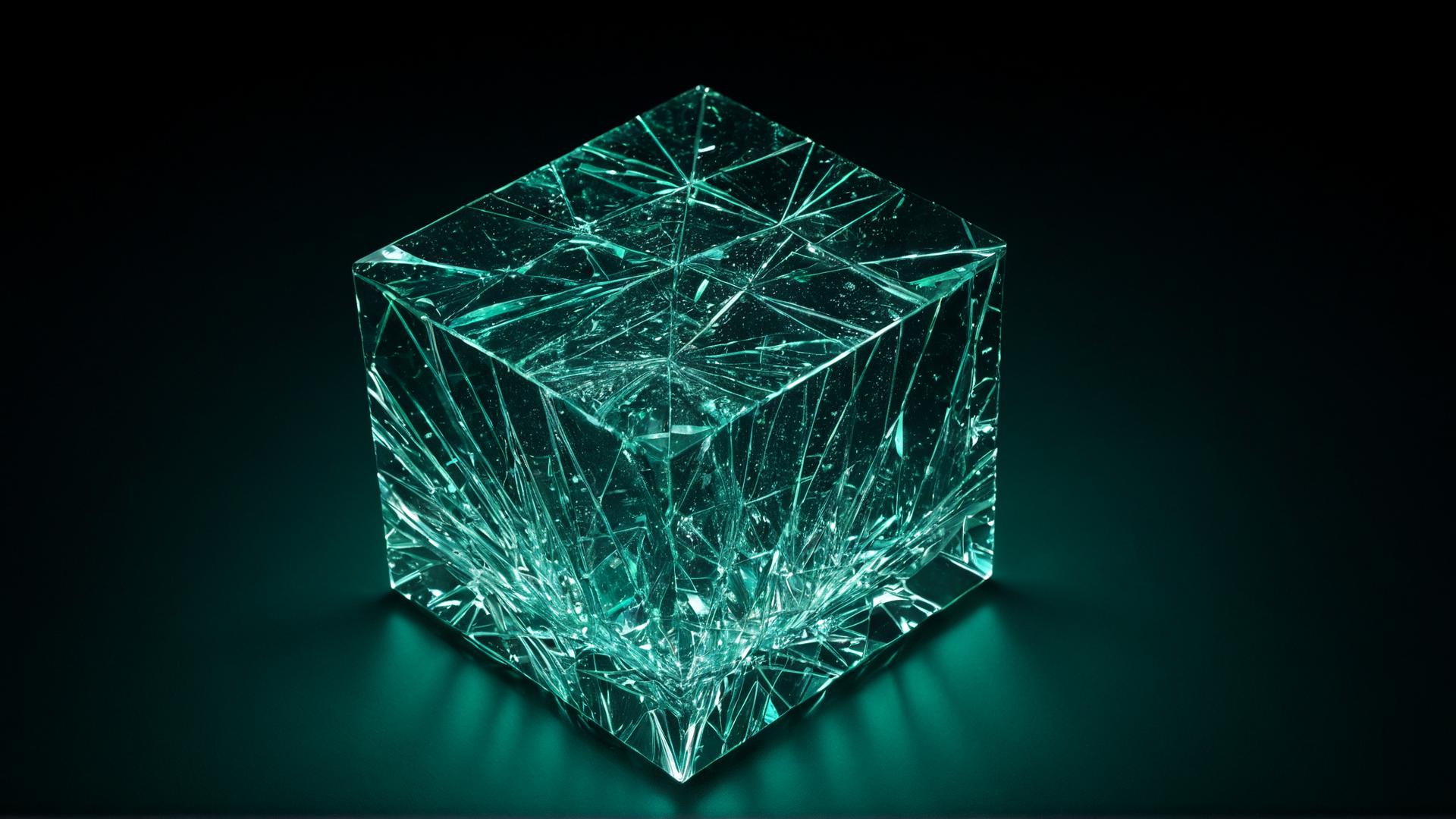 A shattered glass cube, with shards floating in mid-air. Each shard reflects soft blue and green light, casting tiny beams of light across the scene. The background is a deep black void, with subtle light beams cutting through., Photorealistic, Hyperrealistic, Hyperdetailed, analog style, soft lighting, subsurface scattering, realistic, heavy shadow, masterpiece, best quality, ultra realistic, 8k, golden ratio, Intricate, High Detail, film photography, soft focus