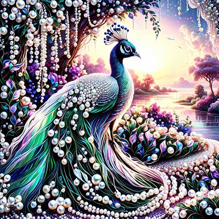 Pearlum, A serene landscape illuminated by the soft glow of dawn. In the foreground, a delicate strand of pearls lies gently across a bed of vibrant morning glories, their petals unfurling to reveal a vibrant palette of pinks and purples. Amidst this floral tapestry, a majestic white peacock spreads its feathers, showcasing a dazzling display of iridescent blues and greens, its eyes watching over the scene with a regal air. The pearl's soft radiance and the peacock's vibrant plumage create a harmonious contrast, resulting in an ethereal and captivating composition.<lora:Pearlum_World_Morph:1>