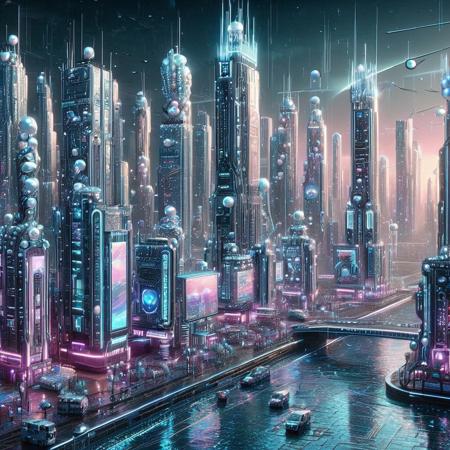 Pearlum,
8k, score_9, score_8_up, score_7_up,
masterpiece,realistic,ultra detailed, vibrant colors,photo-realistic,
A cyberpunk cityscape with iridescent pearl-like skyscrapers, glowing neon lights in blue, pink, and purple, holographic billboards, floating drones with pearl sheen, reflective water surfaces, intricate cybernetic details, futuristic and elegant, ultra-detailed, cinematic lighting, pearlescent textures, vibrant, dystopian yet luxurious atmosphere
