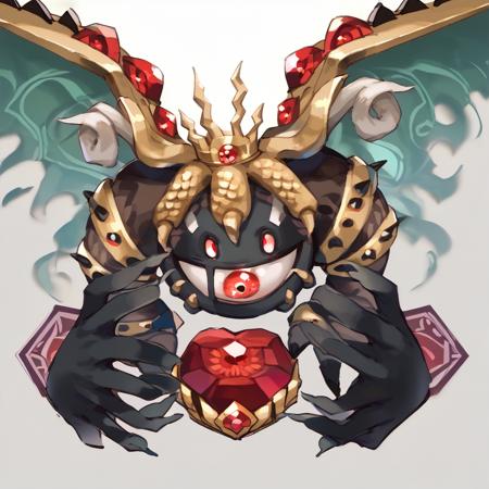 mahosoul, no humans claws, crown, disembodied hand, extra eyes, gem, gold crown, red eyes, red gemstone, solid oval eyes, white eyes, wings, rayman limbs