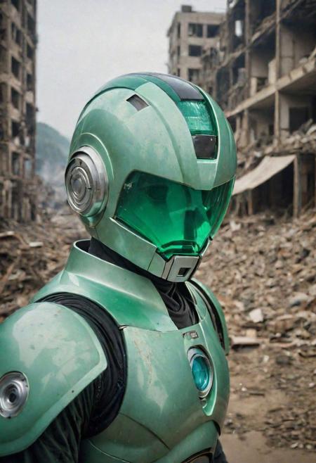 Portrait Photo of a ((((green gelatine translucid:1.5))megaman:1.4)), who is standing looking at how his city has been destroyed by a nuclear bomb. He has just arrived at the disaster and observes the horror of the destruction, ruined buildings full of smoke and flames, ground full of rubble with skeletons lying around In the dawn light floods the scene, the man is completely dressed in normal clothes and wet, he is dirty, everything is a disaster, the sky is cloudy and it is raining,(beautiful face:1.6), Fujifilm XT3,film still,film grain,cinematic,soldier accessories,war style, professional photo,best quality and best aesthetic,Award-winning artistic photos,Outdoors,public places,( detailed in background:1.6)Perfil,18-20 (dirty:1.8)