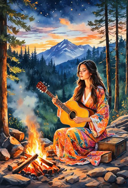 rating_safe, breathtaking detailed, masterpiece, absurdres, awe-inspiring, best quality, vibrant colors, watercolor, cutout collage, beautiful woman in traditional robe sitting by a campfire at night, 25 years, playing a wooden guitar, long dark hair illuminated by flickering firelight, (focused expression, soft amber highlights on her face), BREAK, surrounded by pine forest silhouettes under a twilight sky, faint stars and rising smoke in the background, BREAK, glowing embers drifting through the air, firewood and a rustic metal container near her feet, [tranquil and introspective atmosphere], BREAK, stylized color palette with warm orange and cool green contrast, cinematic lighting, gentle storytelling mood <lora:sdxl_ta86artstyle_water_cut.safetensors:0.8:0.8>