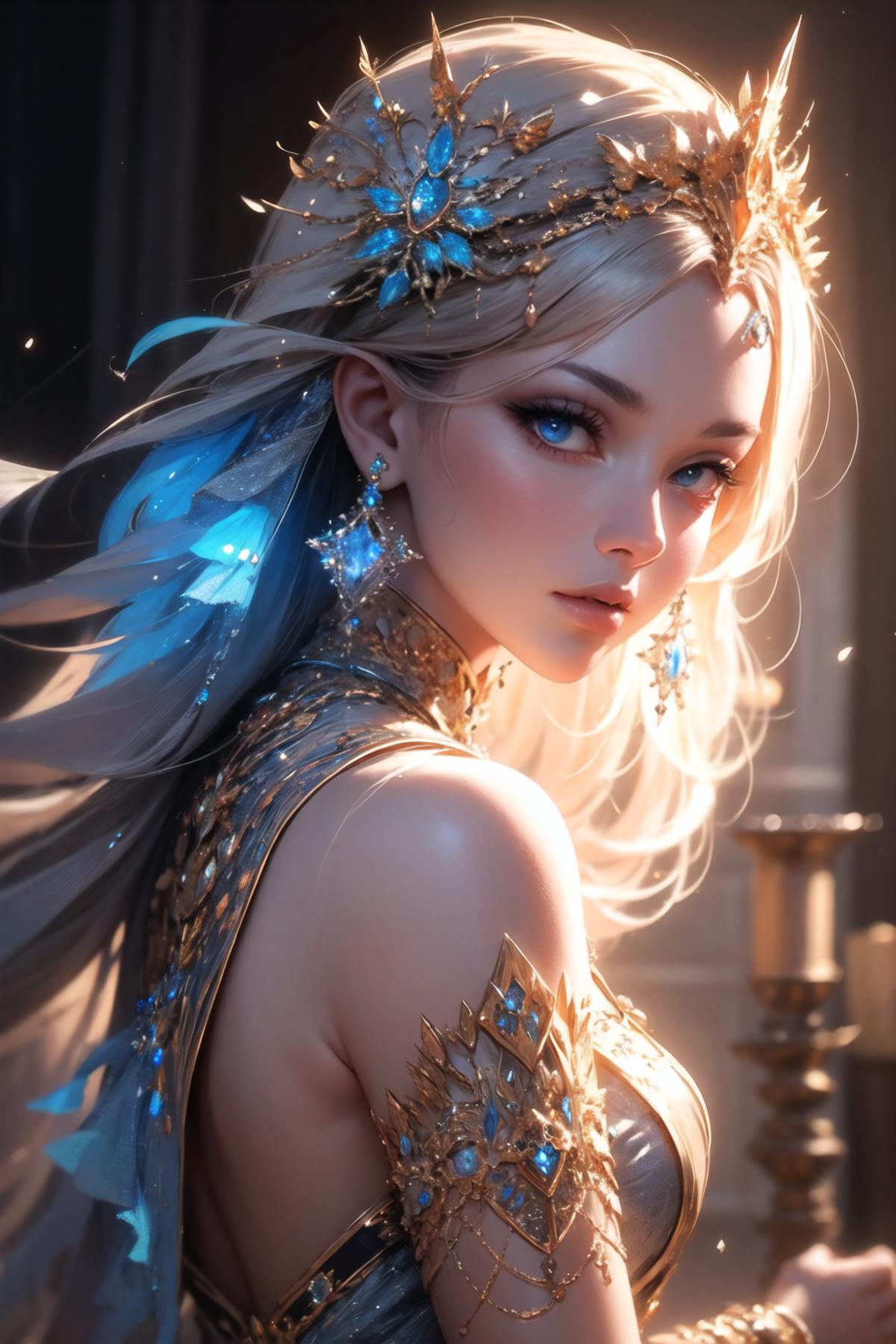 Blonde woman with blue eyes and blue hair wearing a gold and blue dress, earrings, and a crown.
