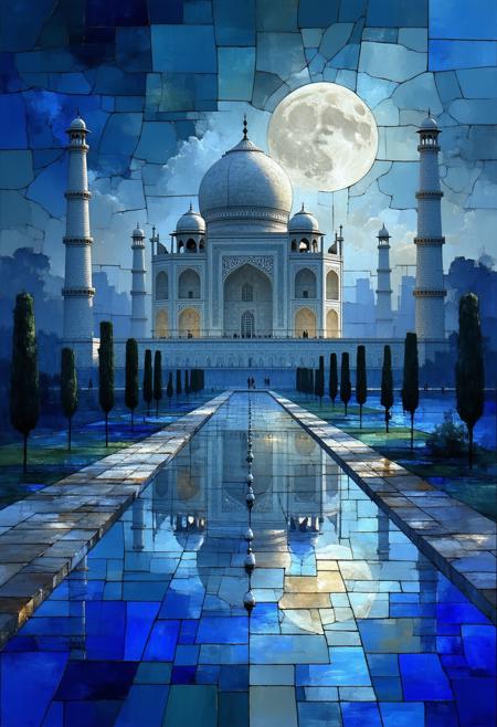Visualize a serene scene of the Taj Mahal at night, illuminated by moonlight and strategically placed spotlights, rendered as a Cubist stained-glass panorama. The scene is framed by lush gardens and reflecting pools, creating a mesmerizing interplay of light and shadow. The color palette emphasizes deep indigo, silver-grey, creamy white, and charcoal black, amplifying the ethereal and dreamlike quality. Blend photorealistic details â the intricate carvings of the Taj Mahal, the subtle shimmer of the moonlight on the water, the textures of the stone â with the geometric abstraction of Cubism. The overall composition should convey a sense of majesty, mystery, and timeless beauty, emphasizing the dramatic contrast of light and shadow.