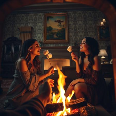 point of view from inside a fireplace in a home, looking out on two women.
luxury home, ornate bedroom, oriental rug, impressionist painting on wall, Persian wallpaper, soft indirect lighting, drapes, carved wooden furniture, low fire in a large fireplace, two beautiful women roasting one small marshmallow piece  on long sticks over the low flames in the fireplace, nighttime, dark, focused soft light from fire on women's faces, one eating her marshmallow , the other joyfully looking at the other woman and touching her on the cheek, pov from the fireplace