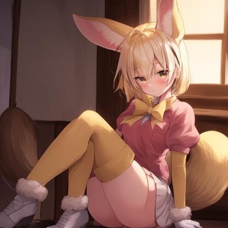 feen, 1girl, fennec ears, big ears, solo, blonde hair, short hair, fox tail, yellow bowtie, white pleated skirt, brown eyes, puffy short sleeves, yellow gloves, yellow thigh-highs, pink short sleeved v-neck sweater, white undershirt, bangs, fox girl, fur trim, yellow neckwear, yellow sleeves, hair between eyes, white shoes, breast pocket