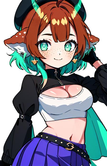 harperstrikes, breasts,  brown hair,  hat, navel, animal ears,, green eyes,  ahoge,  earrings, aqua eyes, black headwear, beret, piercing, ear piercing, freckles, horns,