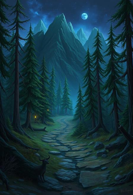 fantasy style, warcraft, video games, night elf, forest, night, mountains, path,
