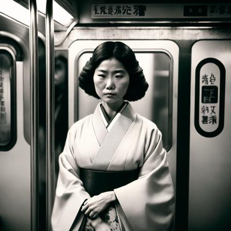 cinematic film still of Kodak Motion Picture Film: (Sharp Detailed Image) An Oscar winning movie for Best Cinematography a woman in a kimono standing on a subway train in Japan Kodak Motion Picture Film Style, shallow depth of field, vignette, highly detailed, high budget, bokeh, cinemascope, moody, epic, gorgeous, film grain, grainy