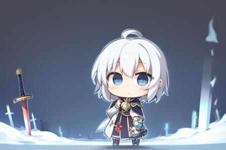 1girl, white hair, blue eyes, short hair, ahoge, mage clothes, fantasy rpg, (planted, planted sword:1.1), (outline:1.3), empty eyes, wide shot, snow
BREAK (chibi:1.8)
 <lora:ubw:1>