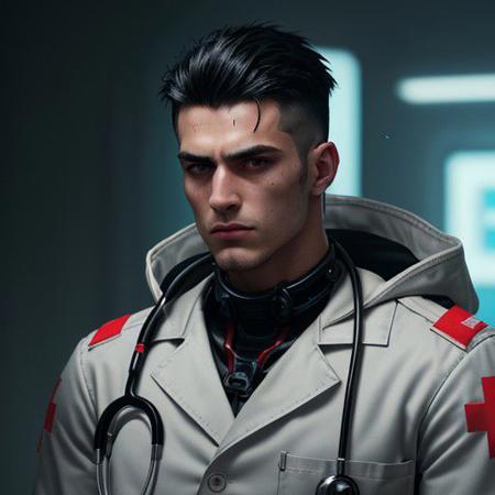 cyberpunk film, raw photo of man, 3/4, Doctor-Medic, armor, tough guy, chiselled jaw, gigachad, plasma riffle, deep night, dark room, hight quaility, detailed skin, clear face, clean face detailed hair, Black hair, military hair cut, cinema shot, hdr, sharp focus, Red Cross emblem on shoulder, stethoscope,