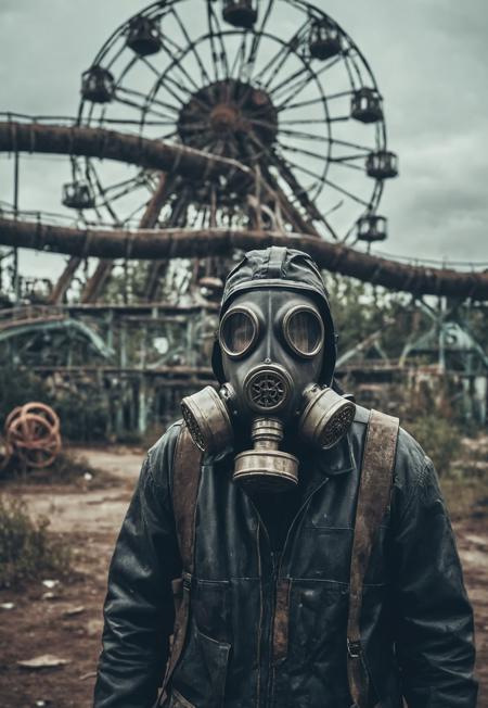 hypertdetailed photography, man with gas mask, desolate, futuristic amusement park, overgrown and deteriorated, post apocalyptic, faded colors and broken rides, creepy atmosphere, interstellar, panorama shot, rainy, desaturated, dramatic lighting, desaturated background, bokeh, dark theme, soothing tones, depth of field, dramatic backlighting, film grain, Surreal Harmony, 8k uhd, high quality, hdr, sharp photography
