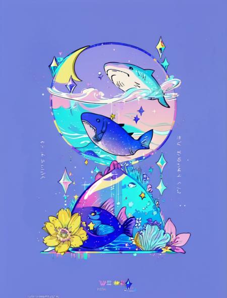 shalou, hourglass, cat, cloud, constellation, crescent, crescent moon, gradient, gradient background, moon, night sky, no humans, pink background, purple background, simple background, sky, sparkle, star \(sky\), star \(symbol\), starry sky, watermark, web address, flower, water, english text, :3, animal, fish, yellow flower, animal focus, shark, whale<lora:shalou:1>