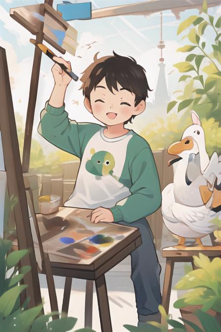 (a boy,man,male,Handsome,manly,cool),solo, ((A painter)), wearing a T-shirt with a crewneck, dabbing in paint, looking at an easel, drawing board, having colored paint, palette, using brushes, brushes, sitting in a farmyard, a creeper,charming smile,basking in the sun,  masterpiece, best quality,