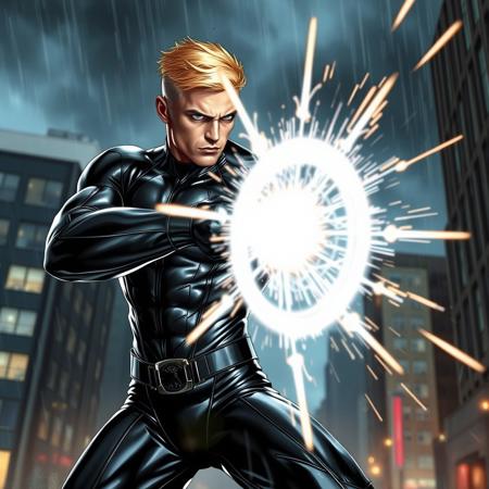 This image shows a 27 year old angry british male superhero figure wearing a detailed metallic black and chrome skintight outfit  , he has blonde hair in a short. The character is depicted in a dynamic action pose, firing a bright white energy blast that looks like expanding circles directly at the viewer  , with sparks flying outward. The background features an nightime urban cityscape with buildings and a cloudy sky and rain , emphasizing a dramatic atmosphere. The character’s stance and visual effects convey power and movement.