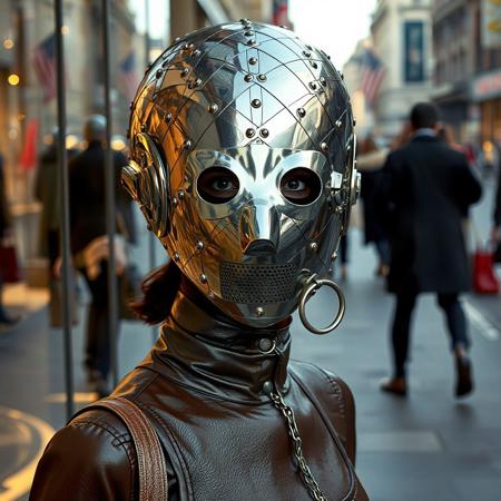 Full height view, a woman is wearing a close-fitting full face stainless steel head casing in the form of a female head made from criss-cross strips of polished stainless steel riveted together,  it fits closely to her head and neck and shoulders like a second skin fully enclosing head and  face and  neck and  shoulders, the head casing, the head casing has two projecting eyepieces in the form of long steel tubes and the steel neck casing is very elongated  and there is a finely perforated stainless steel muzzle  covering her mouth (and she has a steel tethering ring through her nose:1.8), she is dressed in an elegant leather pencil skirt with high heels and a silk blouse and a fitted and tightly corseted jacket, she has a tiny and tight-laced waist, she is window-shopping on a busy street