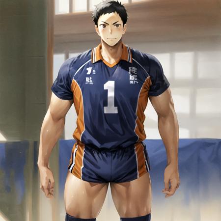 daichi sawamura, solo, 1boy, muscular male, biceps, volleyball outfit, shirt