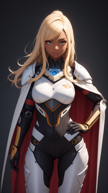 (masterpiece, best quality), intricate details, BREAK 1girl, android, exosuit, military, upper armor, mechanical arms, mechanical parts, cape, long hair, dark skin, blonde hair, belt, BREAK cowboy shot, standing, hand on hip