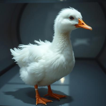 anatomically correct, (hyper realistic, ultra detailed), complex shadows, intricate details, white duck, animal focus, no humans, black eyes, fluffy, short, standing, wind tunnel, aerodynamics, aerodynamics of a duck, display screen, white duck is standing in a wind tunnel, white duck is unloving, air visibly moving around the white duck, side view, behind glass,