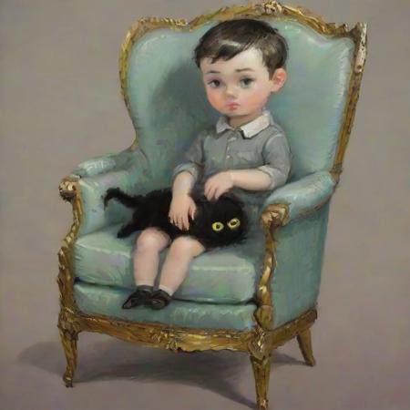 <lora:SDXL_Vanessa Stockard_Sa_May-000011:1>   a boy with a very small black cat with jabbo, chair