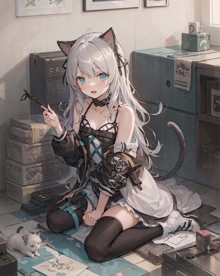 arknights_mint,long hair, thighhighs, tail, grey hair, dress, black thighhighs,white dress, blue eyes, black ribbon, cat girl, hair ribbon, ribbon, bangs,ahoge