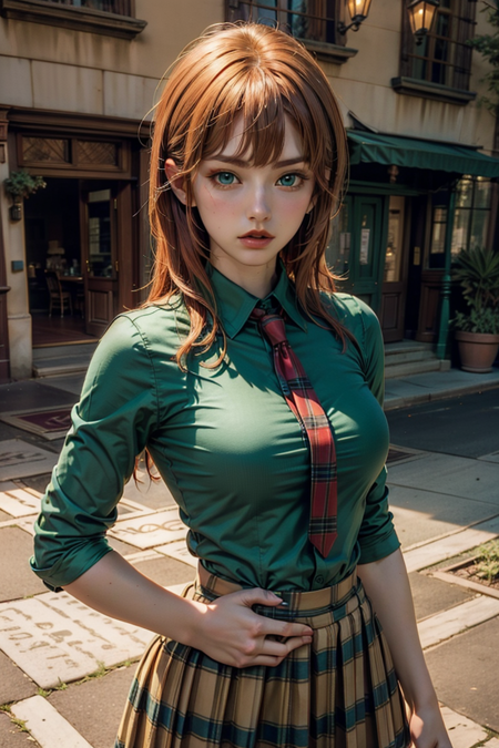 AlyssaCCT3, green shirt, red tie, checkered skirt, red hair