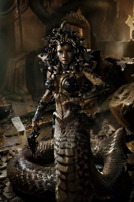 (masterpiece, best quality, unity 8k wallpaper, highres), ambient light, (super-beautiful-detailed hair face kind-eyes skin, slender:1.4), (perfect hands, perfect anatomy), BREAK
 full body, looking at viewer,solo, indoors, molten rock, moody lighting, BREAK
 1girl, solo, CONCEPT_medusa_ClashOfTitans_ownwaifu, <lora:CONCEPT_medusa_ClashOfTitans_ownwaifu-15:0.9>, lamia, living hair, medusa \(mythology\), monster girl, snake hair, breasts, dark skin, lips, scales, snake, giant, vely-long-sagging breasts, realistic, monster, no humans, animal