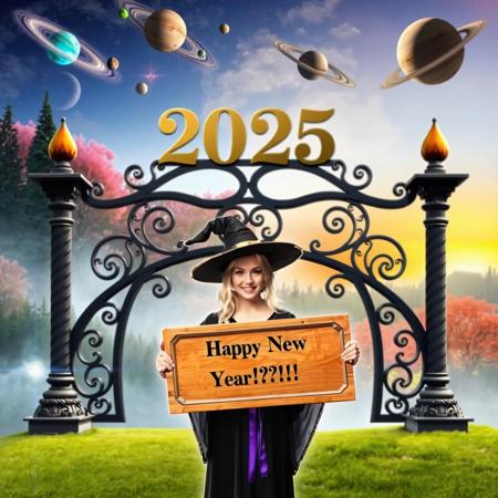 Beautiful witch holding a wooden sign where one can read "Happy New Year!!!". She stands infront of a omage formed gate where above stands "2025". In the background is an enchanted colorful forest. At the sky are planets.