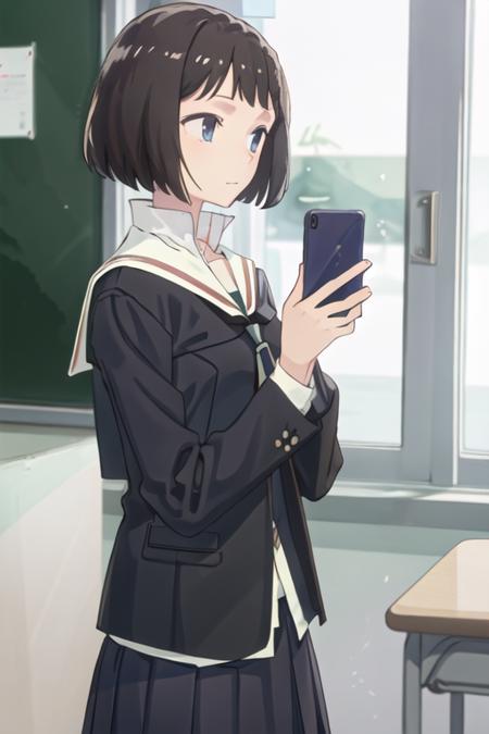 best quality, masterpiece, highres, solo, {kanou_koyomi_yagatekimininaru:1.15}, short_hair, black_hair, closed_mouth, indoors, brown_hair, blue_eyes, black_eyes, 1girl, holding, school_uniform, serafuku, cellphone, holding_phone, long_sleeves, phone, sailor_collar, white_sailor_collar, skirt, upper_body