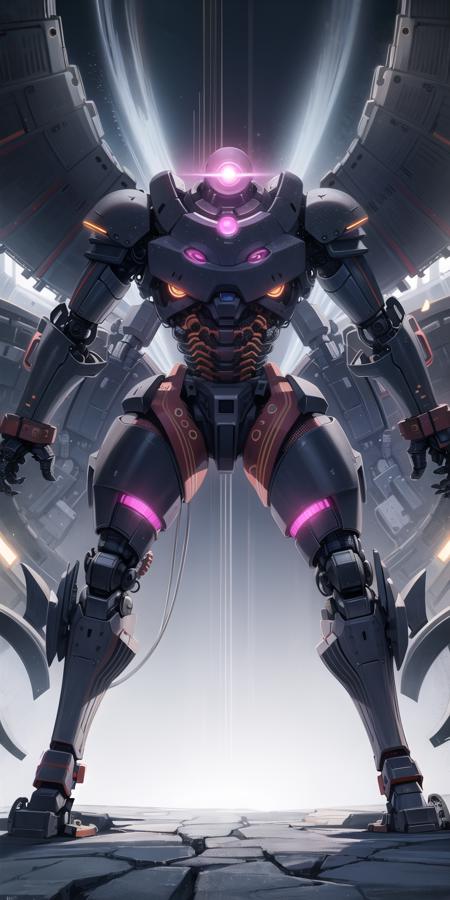 extremely detailed CG unity 8k wallpaper,mecha, grim,Mechanical,Mechanical structure,Mechanical bionic head,diamond,Mechanical arms, More machinery,giant,Hard surface,robot,(looking at viewer) ,Mechanical eye,(Mechanical body),Mechanical ascent,sacred,Glowing eyes,hydrangea,