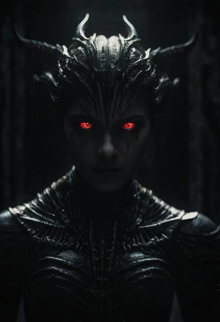 3D rendered scene of a girl with (red eyes:1.5) emerging from (dark shadows:1.3), staring directly at the viewer, (perfectly evil:1.4) expression, (scary realism:1.3), dramatic (3D depth:1.2), blurred dark background, single light source from below casting eerie shadows, intricate details, by (H. R. Giger:1.2) and (Greg Rutkowski:1.3), Unreal Engine and Blender, high resolution, cinematic quality, dark color palette