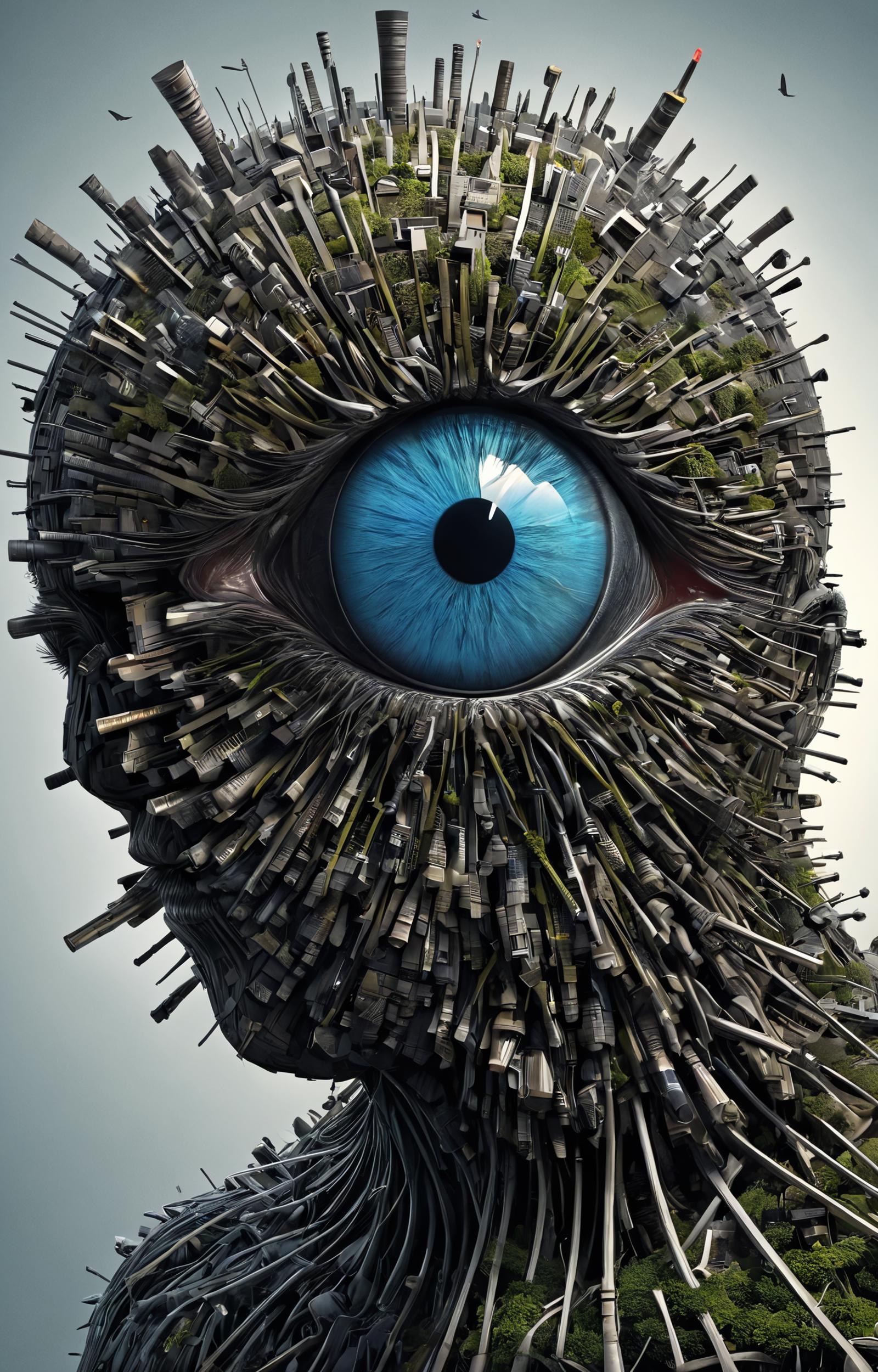 A blue eye staring out of an artistic structure made of scrap metal.