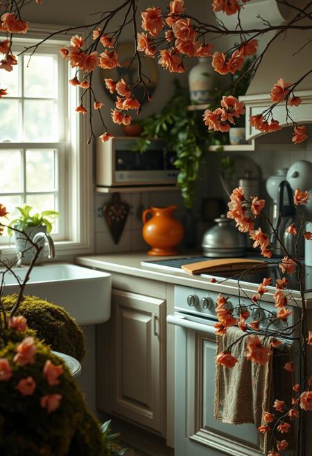 masterpiece, 4k, 8k, sharp, a photography of a cozy vintage kitchen full of a vegetation with cherry blossoms made of opal like product visualization, it has very intricate details that are orange embedded in the skin, the light is cinematic and like a studio lighting. the vegetation with moss is on a background opalescence.
detailmaximizer, Midjourney_Whisper <lora:[Flux1]_aidmaPsychadelicChaosWorld-FLUX-v0.1:0.3> <lora:[Flux1]_aidmaImageUpgrader-FLUX-V0.1:0.1> <lora:[Flux1]_midjourney_whisper_flux_lora_v01:0.6> <lora:[Flux1]_Painted_World_Flux:1>