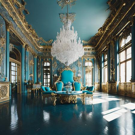 <lyco:baroque_interior_design:1.0> baroque interior design, a professional interior wide shot of a Versailes palace throne room hall, symetrical composition, extremely intricate interior, ornate, addorned with a lawish golden intricate details, rococo style, aqua topaz color theme, completely furnished with a 17 century vintage intircate furnishing, statues, large glass chandaliers, ultra sharp, f 16, shot by an award winning photographer, canon photography, behance contest winner