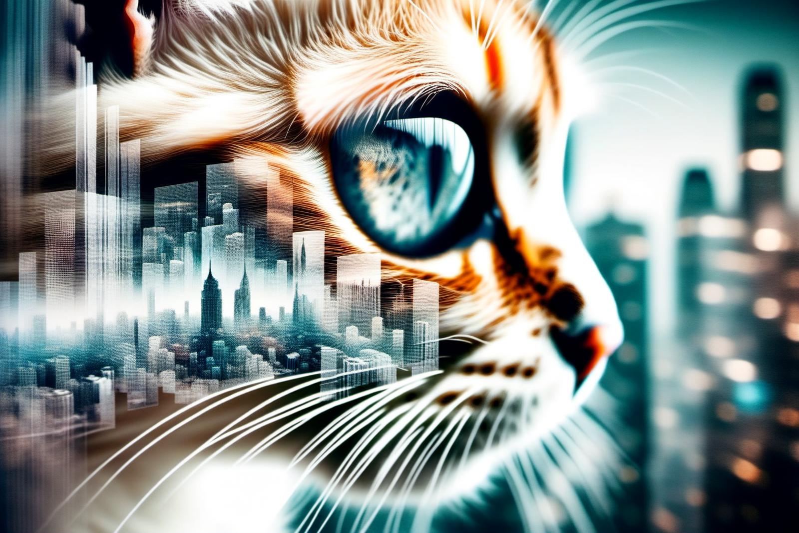 A cat's eye with a city skyline in the background.