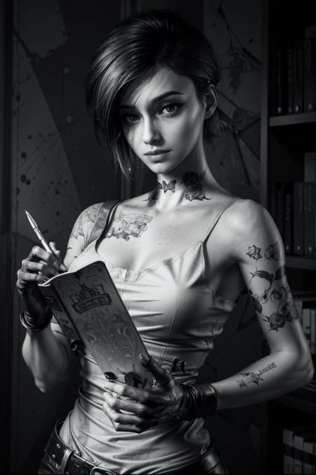 (masterpiece, best quality)
JudyAlvarez, 1girl, solo, breasts, short hair, gloves, holding, closed mouth, monochrome, upper body, greyscale, choker, book, tattoo, realistic, pen, arm tattoo
<lora:epi_noiseoffset2:1>,  <lora:add_detail:0.7>,  <lora:JudyAlvarez:0.8>