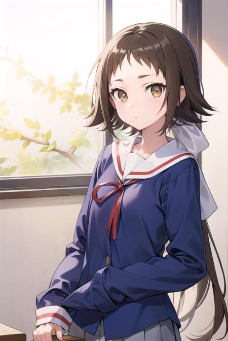 mashiromitsumine, <lyco:mashiromitsumine-lyco-nochekaiser:1>,
mashiro mitsumine, (brown eyes:1.5), brown hair, ponytail, (flat chest:1.2),
BREAK grey skirt, long sleeves, neck ribbon, red ribbon, ribbon, sailor collar, school uniform, skirt, white sailor collar, (blue shirt:1.5),
BREAK looking at viewer, full body,
BREAK indoors, classroom,
BREAK <lyco:GoodHands-beta2:1>, (masterpiece:1.2), best quality, high resolution, unity 8k wallpaper, (illustration:0.8), (beautiful detailed eyes:1.6), extremely detailed face, perfect lighting, extremely detailed CG, (perfect hands, perfect anatomy),