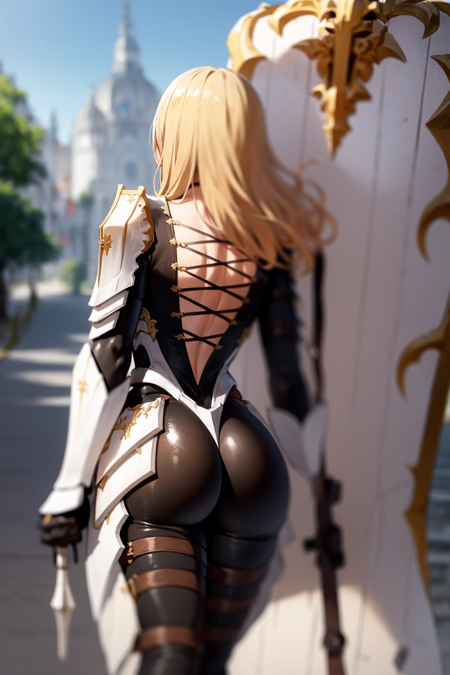 masterpiece, best quality, kisara, 1girl, armor, ass, back, back cutout, blonde hair, blue sky, blurry, blurry background, bodysuit, day, facing away, from behind, holding shield, long hair, median furrow, outdoors, pauldrons, shield, shoulder armor, skin tight, sky, solo, battlefied background <lora:Kisara:1>