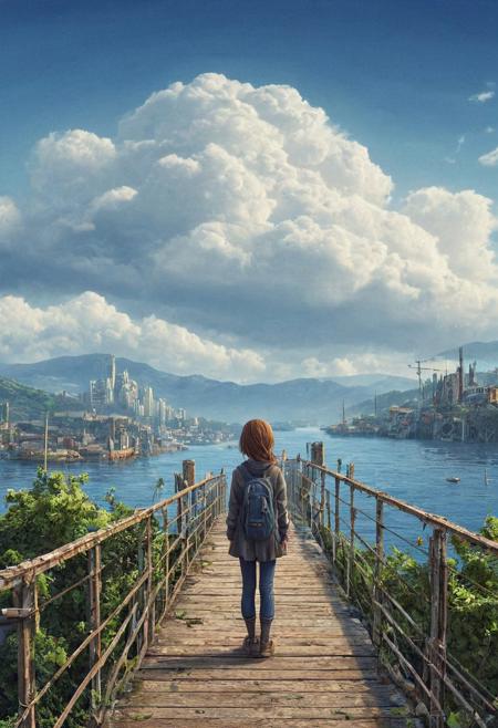 DFC, 1girl,nonomi \(blue archive\),post-apocalypse,ivy,beach, bird, blue sky, boat, bridge, building, city, cloud, cloudy sky, day, facing away, from behind, horizon, lake, mountain, mountainous horizon, ocean, outdoors, railing, river, road, scenery,,masterpiece, best quality, very aesthetic, absurdres,