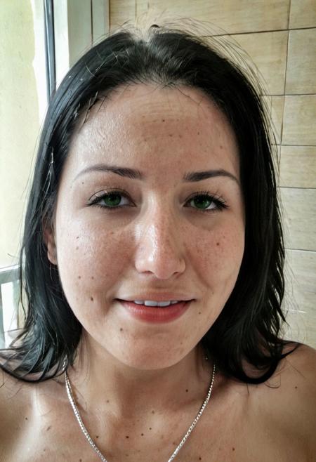 instagram selfie , a 23 year old gorgeous woman , happy relieved smile, sweaty and exhausted, pleasure-face,detailed skin face and eyes ,  long black hair, wearing a silver necklace, film grain, low contrast, natural face , freckles , black hair , green eyes, dark circles under eyes, in a cute apartment in paris, natural lighting, hard nipples