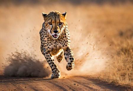 Picture a sleek cheetah streaking across the savanna in pursuit of its prey, its powerful muscles rippling beneath its spotted coat. Taken from a low angle, the photograph captures the cheetah in mid-stride, its streamlined form blending seamlessly with the golden grasslands around it. With the distant silhouette of a herd of antelope on the horizon and the dust kicked up by the cheetah's lightning-fast movements, the image conveys a sense of speed and agility in the world's fastest land mammal.  Low-key lighting Style