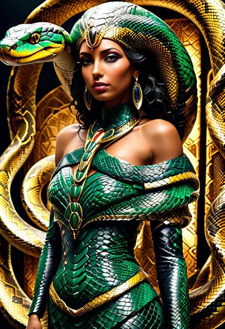 "A beautiful Egyptian lady wrapped by a snake around her neck, glowing under soft, eerie lighting, surrounded by discarded skin, detailed scales, mixed with a high-tech futuristic vibe, surreal and unsettling atmosphere, photorealistic textures." <lora:SDXLFaeTastic2400:0.4> <lora:extremely_detailed:0.4> extremely detailed, <lora:sn4ke:1>,sn4ke, Masterpiece,best quality,hi res,8k,hi res,8k,award winning,(sharp focus, intricate, highly detailed), rating:safe